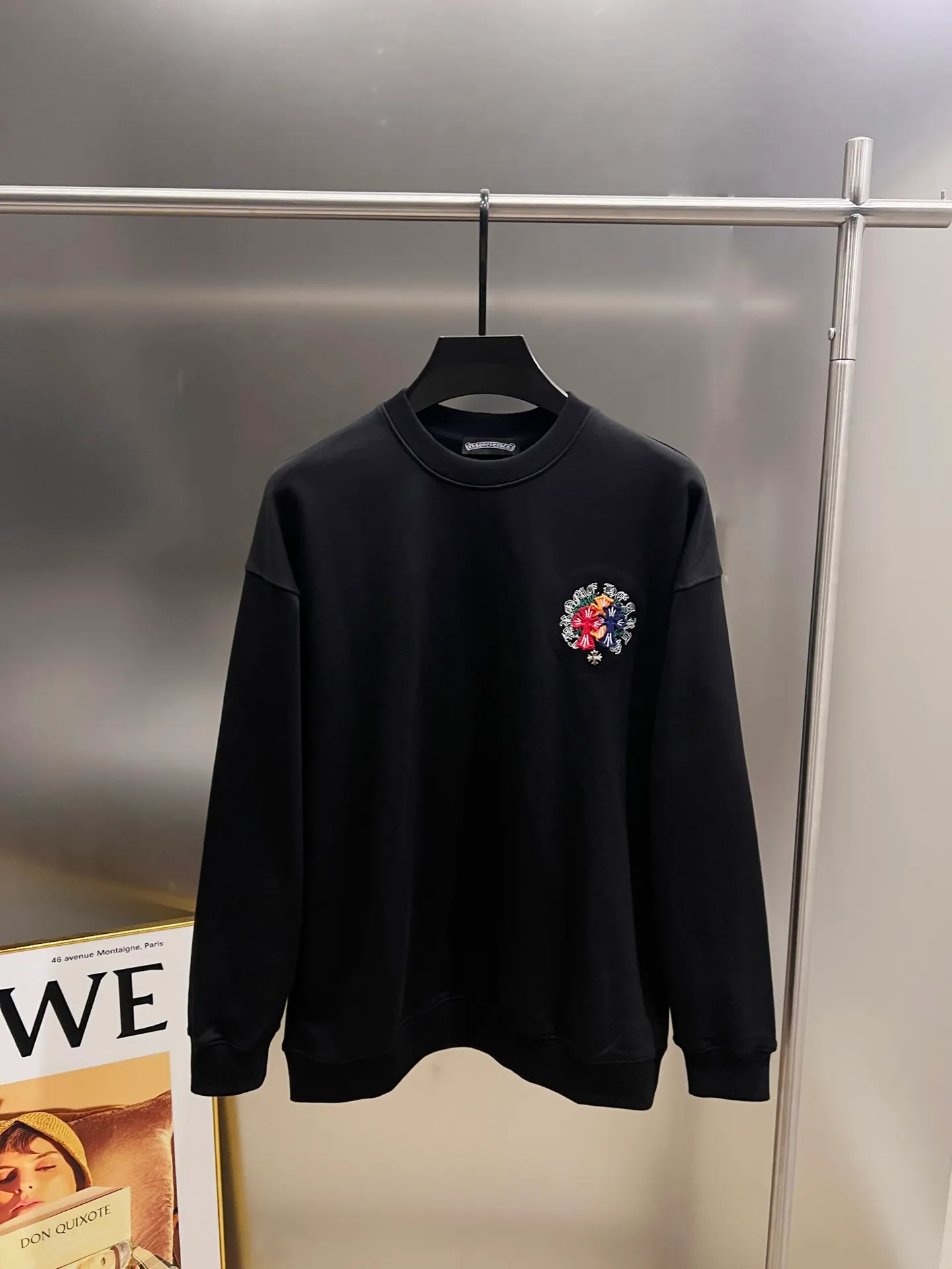 🅿️310 CH Cro 2025 Autumn and Winter New Style Customized 430g double yarn fabric, round neck long-sleeved sweatshirt, chest cross patch embroidery process, classic Sanskrit letter embroidery patch + hardware design process, high-end version! The same loose version for men and women S M L XL XXL five sizes color black white